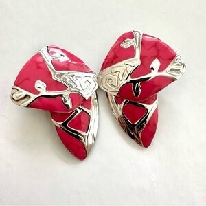 Vintage Dangle Silver Tone Hot Pink Jointed Retro Post Earrings Flintstones 70s